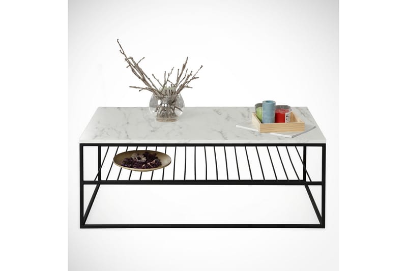 Falan Sofabord 95 cm med Oppbevaring Hylle Marmormønster Rib - Hvit/Svart - Møbler - Bord - Sofabord & salongbord