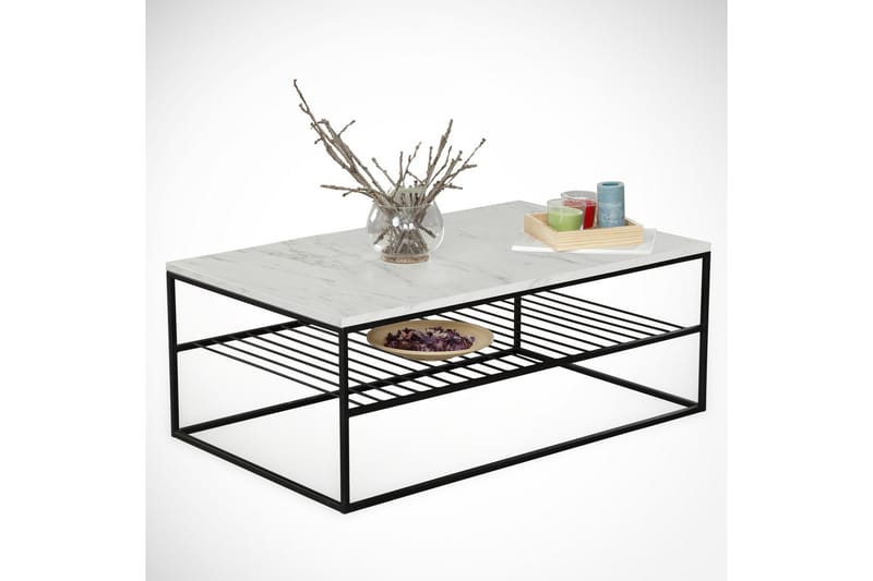 Falan Sofabord 95 cm med Oppbevaring Hylle Marmormønster Rib - Hvit/Svart - Møbler - Bord - Sofabord & salongbord