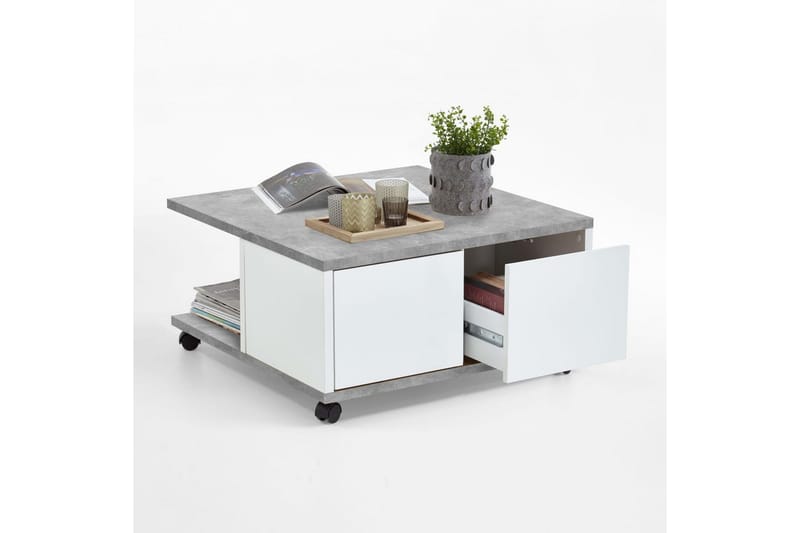 FMD Mobilt salongbord 70x70x35,5 cm betong og blank hvit -   - Sofabord & salongbord
