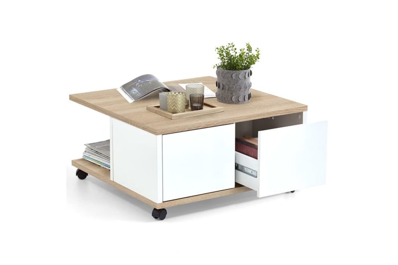 FMD Mobilt salongbord 70x70x36 cm eik og høyglans hvit - Sofabord & salongbord FMD Mobilt salongbord 70x70x36 cm eik og høyglans hvit - Sofabord & salongbord