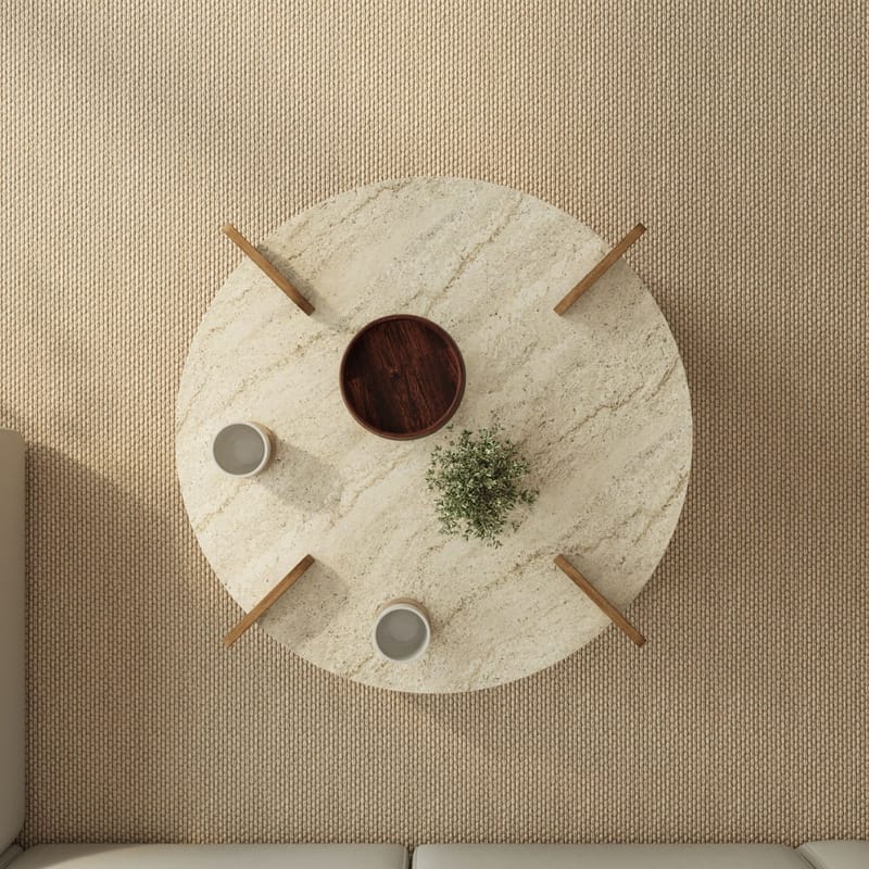 Sofabord Hanah Home Avoure (90 x 35 x 90 cm) Travertine Walnut - Travertin og valnøtt - Møbler - Bord - Sofabord & salongbord