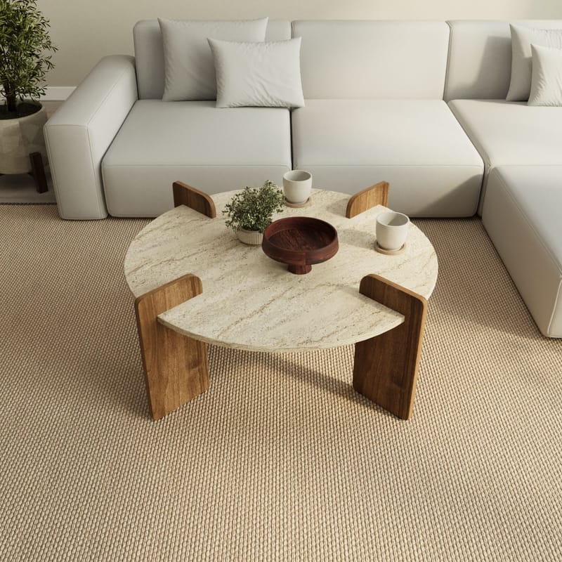 Sofabord Hanah Home Avoure (90 x 35 x 90 cm) Travertine Walnut - Travertin og valnøtt - Møbler - Bord - Sofabord & salongbord