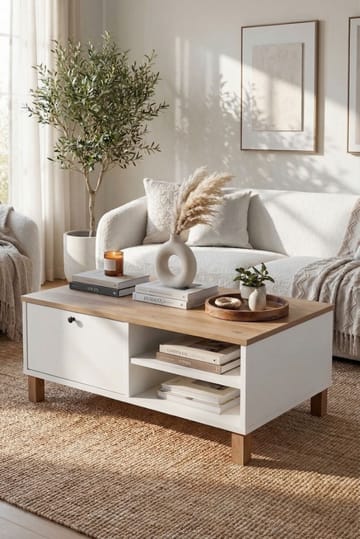 Sofabord Hanah Home Nord (90 x 38,6 x 60 cm) Hvit eik - Hvit og eik - Møbler - Bord - Sofabord & salongbord