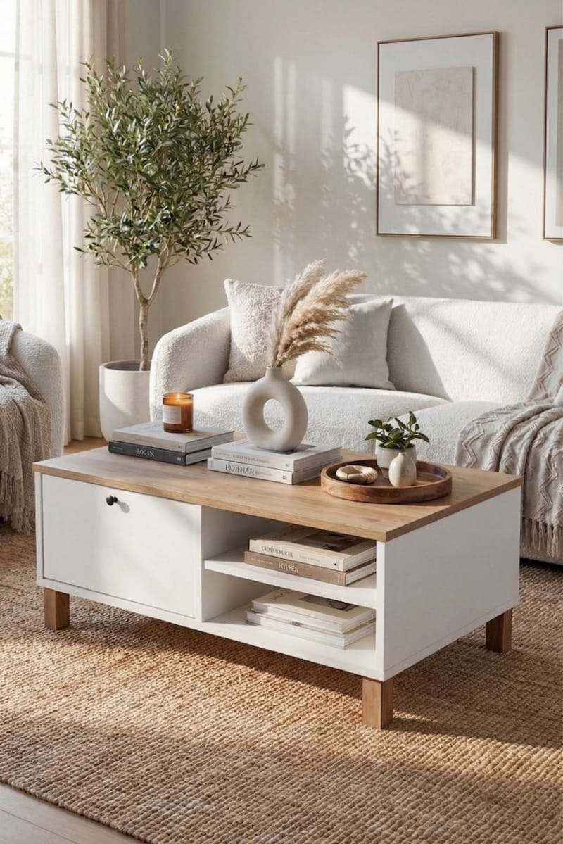 Sofabord Hanah Home Nord (90 x 38,6 x 60 cm) Hvit eik - Hvit og eik - Møbler - Bord - Sofabord & salongbord
