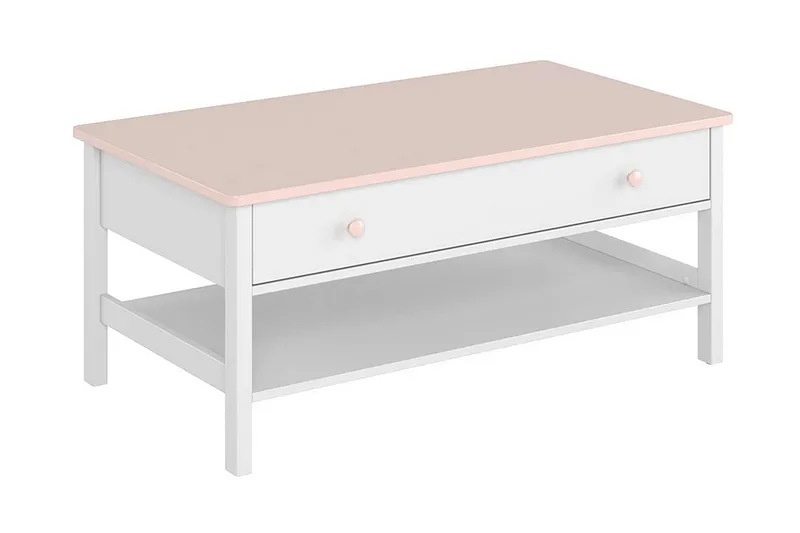 Hilts Sofabord 110 cm med Oppbevaringsskuffer + Hylle, Hvit/Rosa
