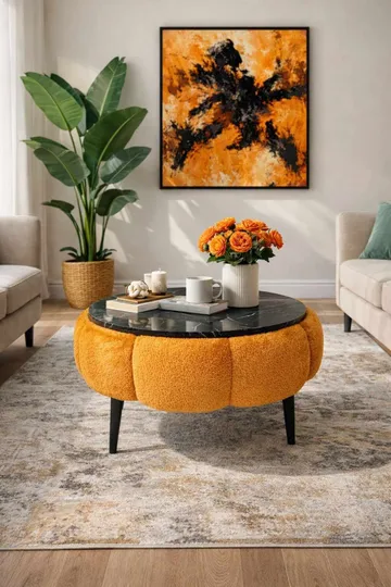 Sofabord Homitis Papatya 60 (Ø60 x H44 cm) Oransje svart marmor - Møbler - Bord - Sofabord & salongbord