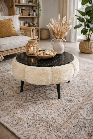 Sofabord Homitis Papatya 60 (Ø60 x H44 cm) Krem svart marmor - Møbler - Bord - Sofabord & salongbord