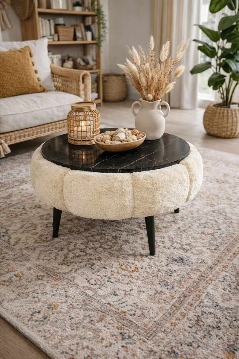 Sofabord Homitis Papatya 60 (Ø60 x H44 cm) Krem svart marmor - Møbler - Bord - Sofabord & salongbord
