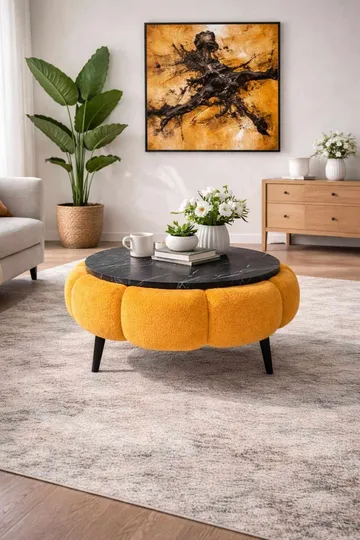 Sofabord Homitis Papatya 60 (Ø60 x H44 cm) Oransje svart marmor - Møbler - Bord - Sofabord & salongbord