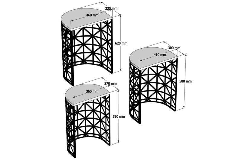 Hovdane Settbord 46 cm Halvcirkel 3 Bord - Hvit/Svart - Møbler - Bord - Sofabord & salongbord