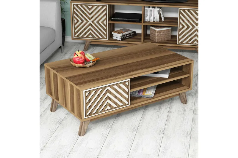 Hovdane Sofabord 105 cm med Oppbevaring 2 Hyller + Skåp Linj - Brun/Hvit/Eik - Møbler - Bord - Sofabord & salongbord - Sofabord med oppbevaring