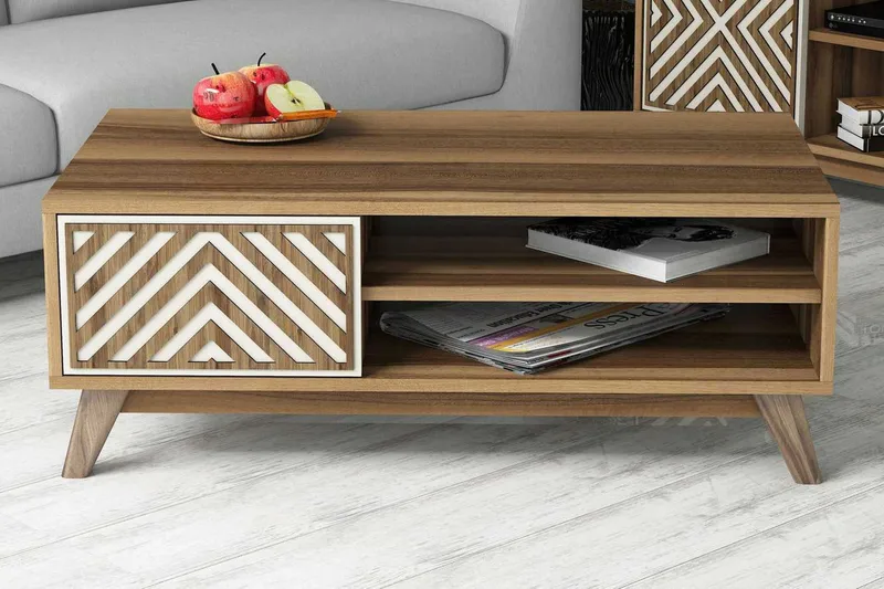 Hovdane Sofabord 105 cm med Oppbevaring 2 Hyller + Skåp Linj, Brun/Hvit/Eik