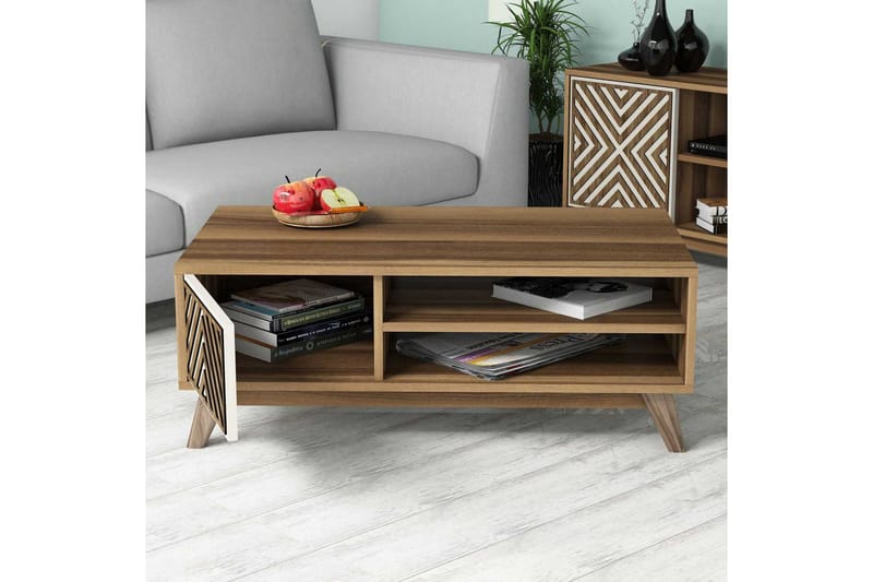 Hovdane Sofabord 105 cm med Oppbevaring 2 Hyller + Skåp Linj - Brun/Hvit/Eik - Møbler - Bord - Sofabord & salongbord - Sofabord med oppbevaring