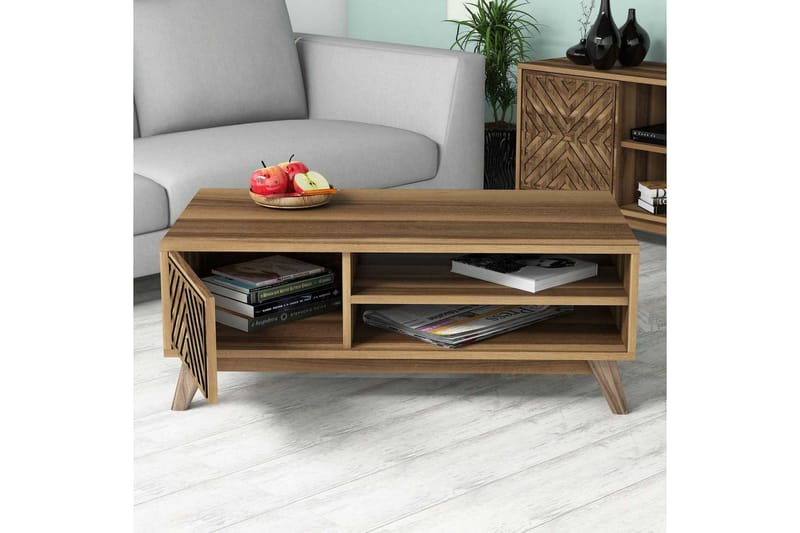 Hovdane Sofabord 105 cm med Oppbevaring 2 Hyller Linjer + Sk - Brun - Møbler - Bord - Sofabord & salongbord - Sofabord med oppbevaring