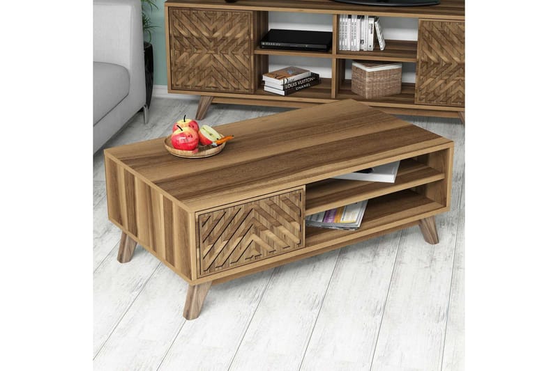 Hovdane Sofabord 105 cm med Oppbevaring 2 Hyller Linjer + Sk - Brun - Møbler - Bord - Sofabord & salongbord - Sofabord med oppbevaring