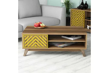 Hovdane Sofabord 105 cm med Oppbevaring 2 Hyller Linjer + Sk - Brun/Gul - Møbler - Bord - Sofabord & salongbord