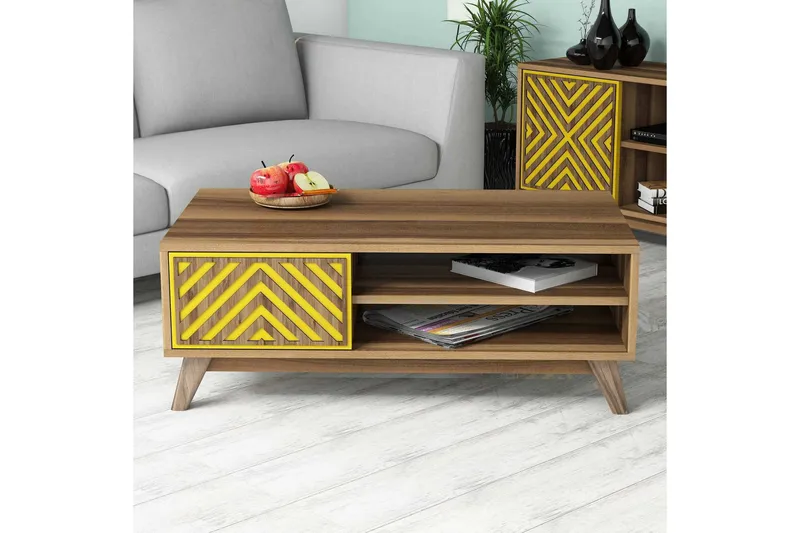Hovdane Sofabord 105 cm med Oppbevaring 2 Hyller Linjer + Sk - Brun/Gul - Møbler - Bord - Sofabord & salongbord - Sofabord med oppbevaring
