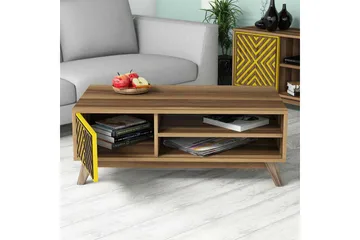 Hovdane Sofabord 105 cm med Oppbevaring 2 Hyller Linjer + Sk - Brun/Gul - Møbler - Bord - Sofabord & salongbord