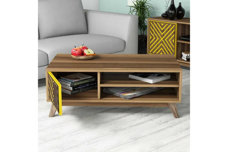 Hovdane Sofabord 105 cm med Oppbevaring 2 Hyller Linjer + Sk - Brun/Gul - Møbler - Bord - Sofabord & salongbord