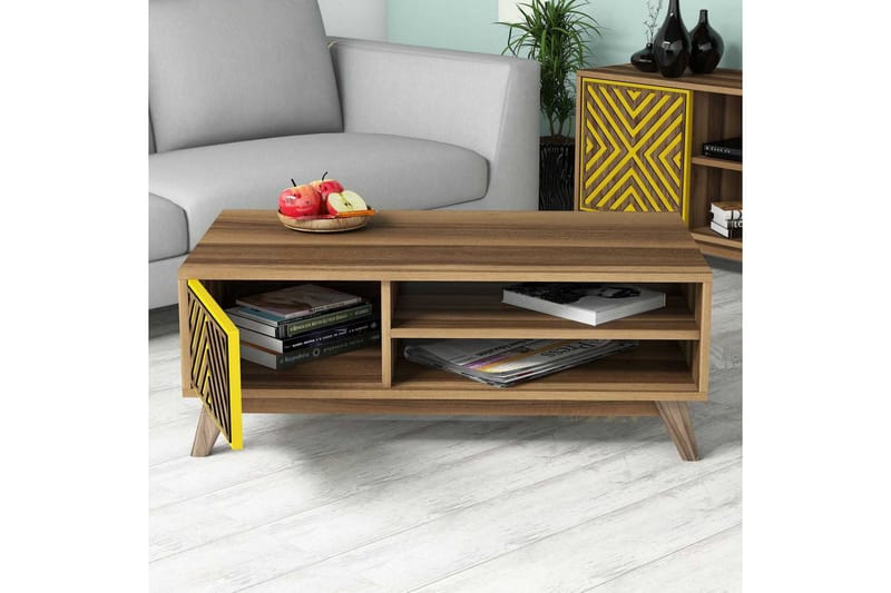 Hovdane Sofabord 105 cm med Oppbevaring 2 Hyller Linjer + Sk - Brun/Gul - Møbler - Bord - Sofabord & salongbord - Sofabord med oppbevaring