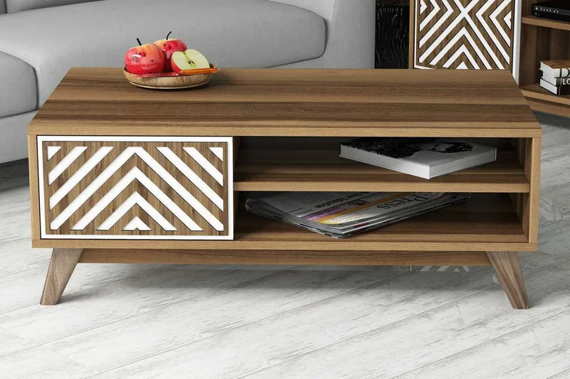 Hovdane Sofabord 105 cm med Oppbevaring 2 Hyller Linjer + Sk, Hvit/Brun