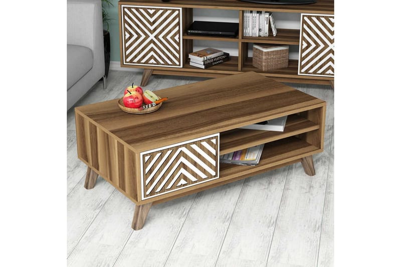 Hovdane Sofabord 105 cm med Oppbevaring 2 Hyller Linjer + Sk - Hvit/Brun - Møbler - Bord - Sofabord & salongbord - Sofabord med oppbevaring