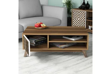 Hovdane Sofabord 105 cm med Oppbevaring 2 Hyller Linjer + Sk - Hvit/Brun - Møbler - Bord - Sofabord & salongbord - Sofabord med oppbevaring