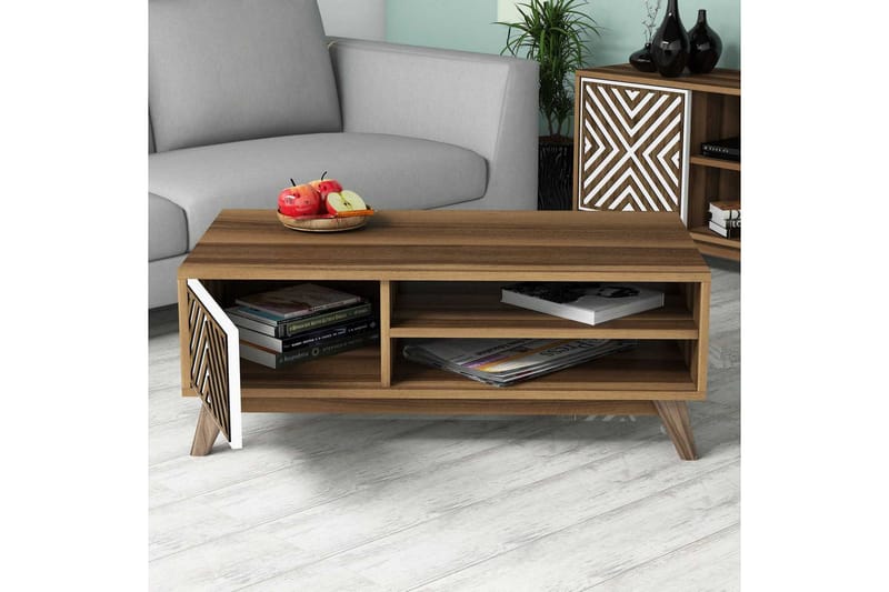 Hovdane Sofabord 105 cm med Oppbevaring 2 Hyller Linjer + Sk - Hvit/Brun - Møbler - Bord - Sofabord & salongbord - Sofabord med oppbevaring