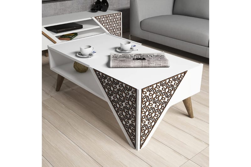 Hovdane Sofabord 105 cm med Oppbevaring Hylle Blomstermønste - Hvit/Brun - Møbler - Bord - Sofabord & salongbord - Sofabord med oppbevaring