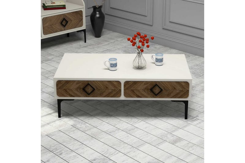 Hovdane Sofabord 105 cm med Oppbevaring Hylle Fiskbensmønste - Hvit/Brun - Møbler - Bord - Sofabord & salongbord - Sofabord med oppbevaring