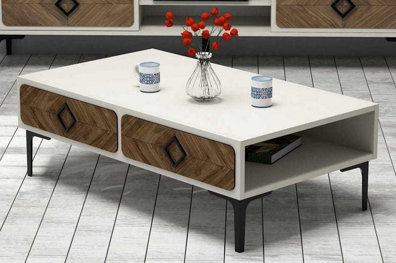 Hovdane Sofabord 105 cm med Oppbevaring Hylle Fiskbensmønste - Hvit/Brun - Møbler - Bord - Sofabord & salongbord - Sofabord med oppbevaring