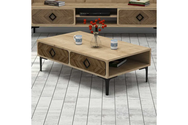 Hovdane Sofabord 105 cm med Oppbevaring Hylle Fiskbensmønste - Lysebrun - Møbler - Bord - Sofabord & salongbord