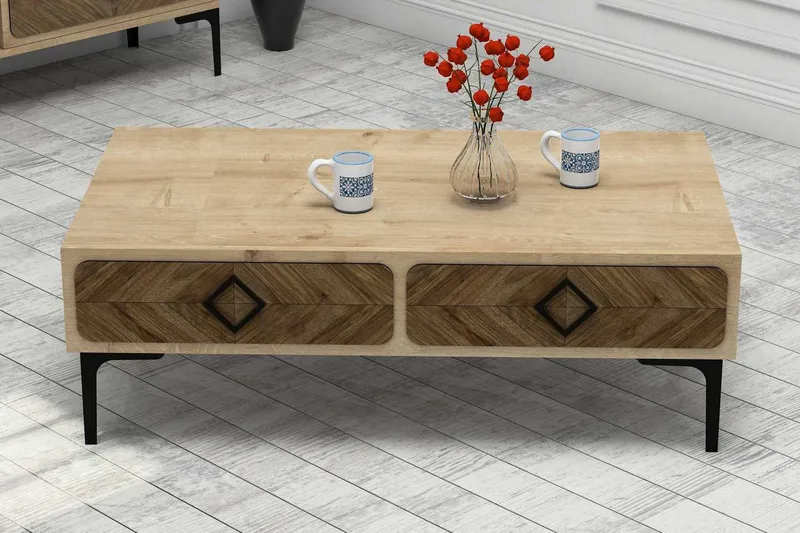 Hovdane Sofabord 105 cm med Oppbevaring Hylle Fiskbensmønste, Lysebrun