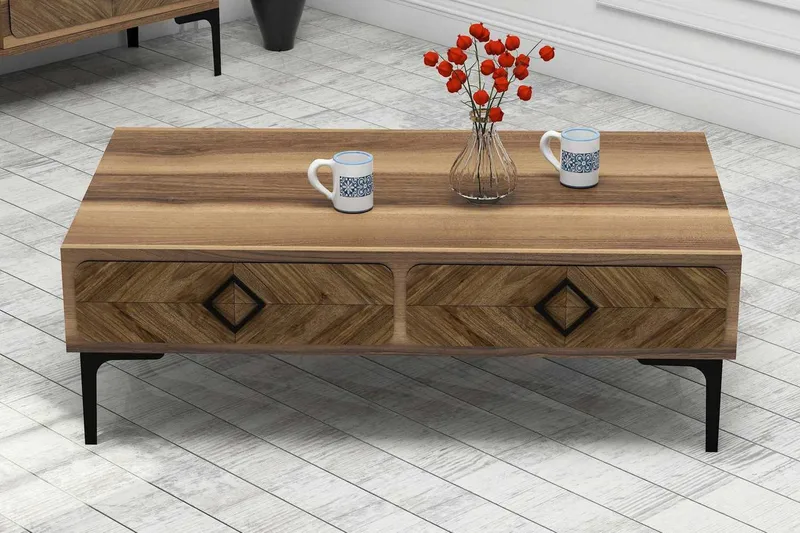 Hovdane Sofabord 105 cm med Oppbevaring Hylle Fiskebensmønst, Brun