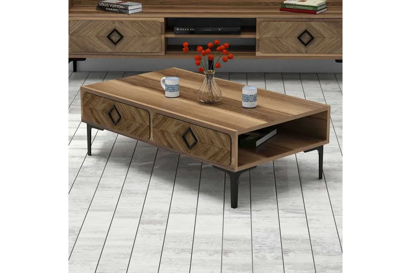 Hovdane Sofabord 105 cm med Oppbevaring Hylle Fiskebensmønst - Brun - Møbler - Bord - Sofabord & salongbord - Sofabord med oppbevaring