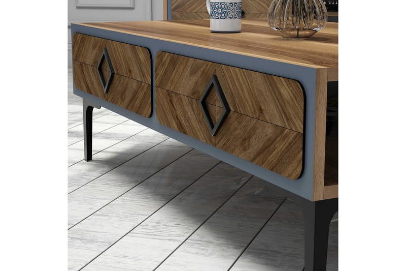 Hovdane Sofabord 105 cm med Oppbevaring Hylle Fiskebensmønst - Brun/Blå - Møbler - Bord - Sofabord & salongbord - Sofabord med oppbevaring