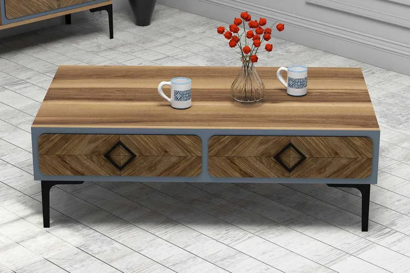 Hovdane Sofabord 105 cm med Oppbevaring Hylle Fiskebensmønst - Brun/Blå - Møbler - Bord - Sofabord & salongbord - Sofabord med oppbevaring