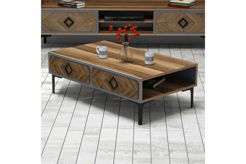 Hovdane Sofabord 105 cm med Oppbevaring Hylle Fiskebensmønst - Brun/Blå - Møbler - Bord - Sofabord & salongbord - Sofabord med oppbevaring