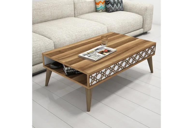 Hovdane Sofabord 105 cm med Oppbevaring Hylle KedjeMønster - Brun/Hvit - Møbler - Bord - Sofabord & salongbord - Sofabord med oppbevaring