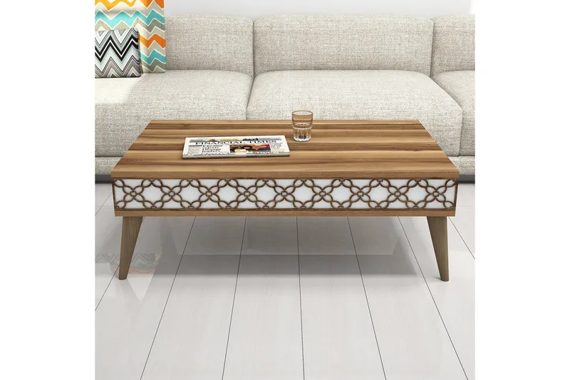 Hovdane Sofabord 105 cm med Oppbevaring Hylle KedjeMønster - Brun/Hvit - Møbler - Bord - Sofabord & salongbord - Sofabord med oppbevaring