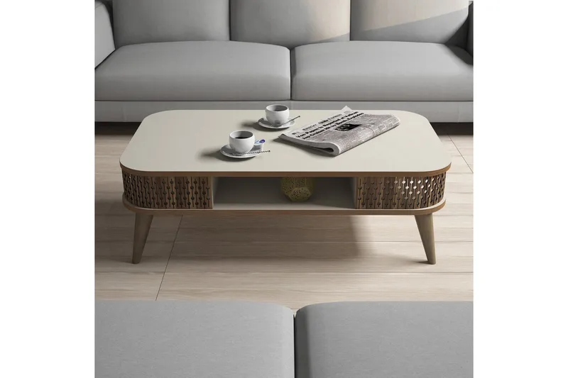 Hovdane Sofabord 105 cm med Oppbevaring Hylle Runde Hjørner - Hvit/Brun/Eik - Møbler - Bord - Sofabord & salongbord - Sofabord med oppbevaring