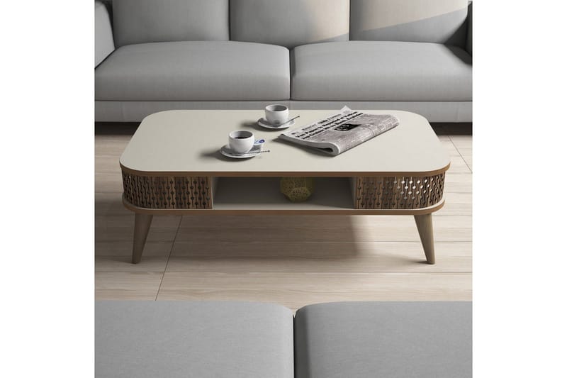 Hovdane Sofabord 105 cm med Oppbevaring Hylle Runde Hjørner - Hvit/Brun/Eik - Møbler - Bord - Sofabord & salongbord - Sofabord med oppbevaring