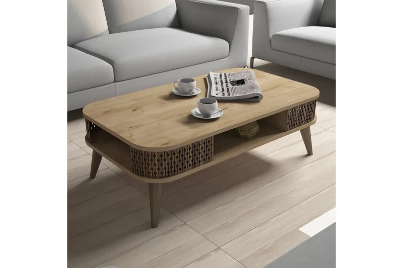 Hovdane Sofabord 105 cm med Oppbevaring Hylle Runde Hjørner - Lysebrun - Møbler - Bord - Sofabord & salongbord - Sofabord med oppbevaring