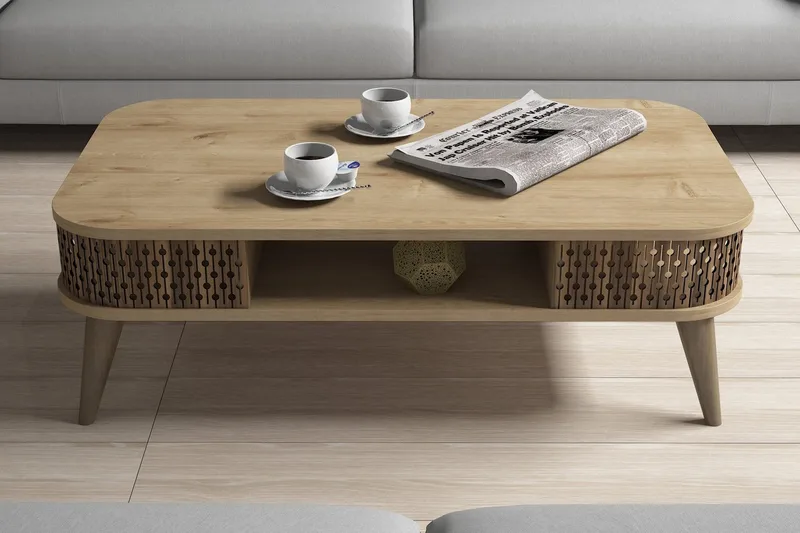 Hovdane Sofabord 105 cm med Oppbevaring Hylle Runde Hjørner - Lysebrun - Møbler - Bord - Sofabord & salongbord - Sofabord med oppbevaring