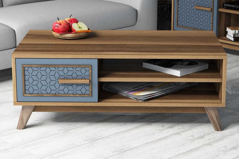 Hovdane Sofabord 105 cm Oppbevaring 2 Hyller+Skåp Diamantmøn, Brun/Blå