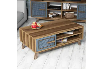 Hovdane Sofabord 105 cm Oppbevaring 2 Hyller+Skåp Diamantmøn - Brun/Blå - Møbler - Bord - Sofabord & salongbord