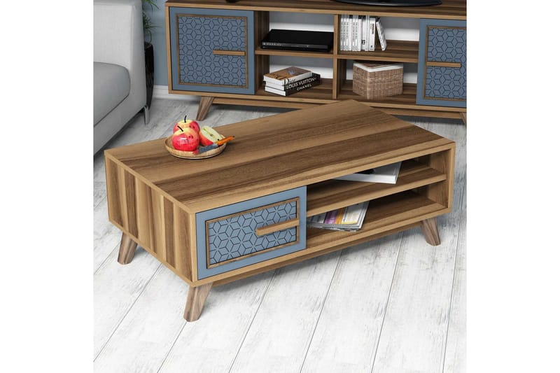Hovdane Sofabord 105 cm Oppbevaring 2 Hyller+Skåp Diamantmøn - Brun/Blå - Møbler - Bord - Sofabord & salongbord - Sofabord med oppbevaring