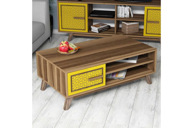 Hovdane Sofabord 105 cm Oppbevaring 2 Hyller+Skåp Diamantmøn - Brun/Gul/Eik - Møbler - Bord - Sofabord & salongbord - Sofabord med oppbevaring