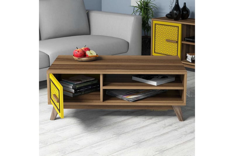 Hovdane Sofabord 105 cm Oppbevaring 2 Hyller+Skåp Diamantmøn - Brun/Gul/Eik - Møbler - Bord - Sofabord & salongbord - Sofabord med oppbevaring