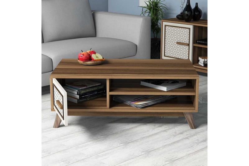 Hovdane Sofabord 105 cm Oppbevaring 2 Hyller+Skåp Diamantmøn - Brun/Hvit - Møbler - Bord - Sofabord & salongbord - Sofabord med oppbevaring